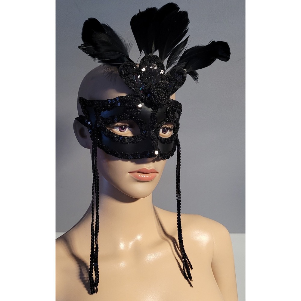 Adult Ladies Black Sequins With Feather Accents Parisian Mask Masquerade 0/S